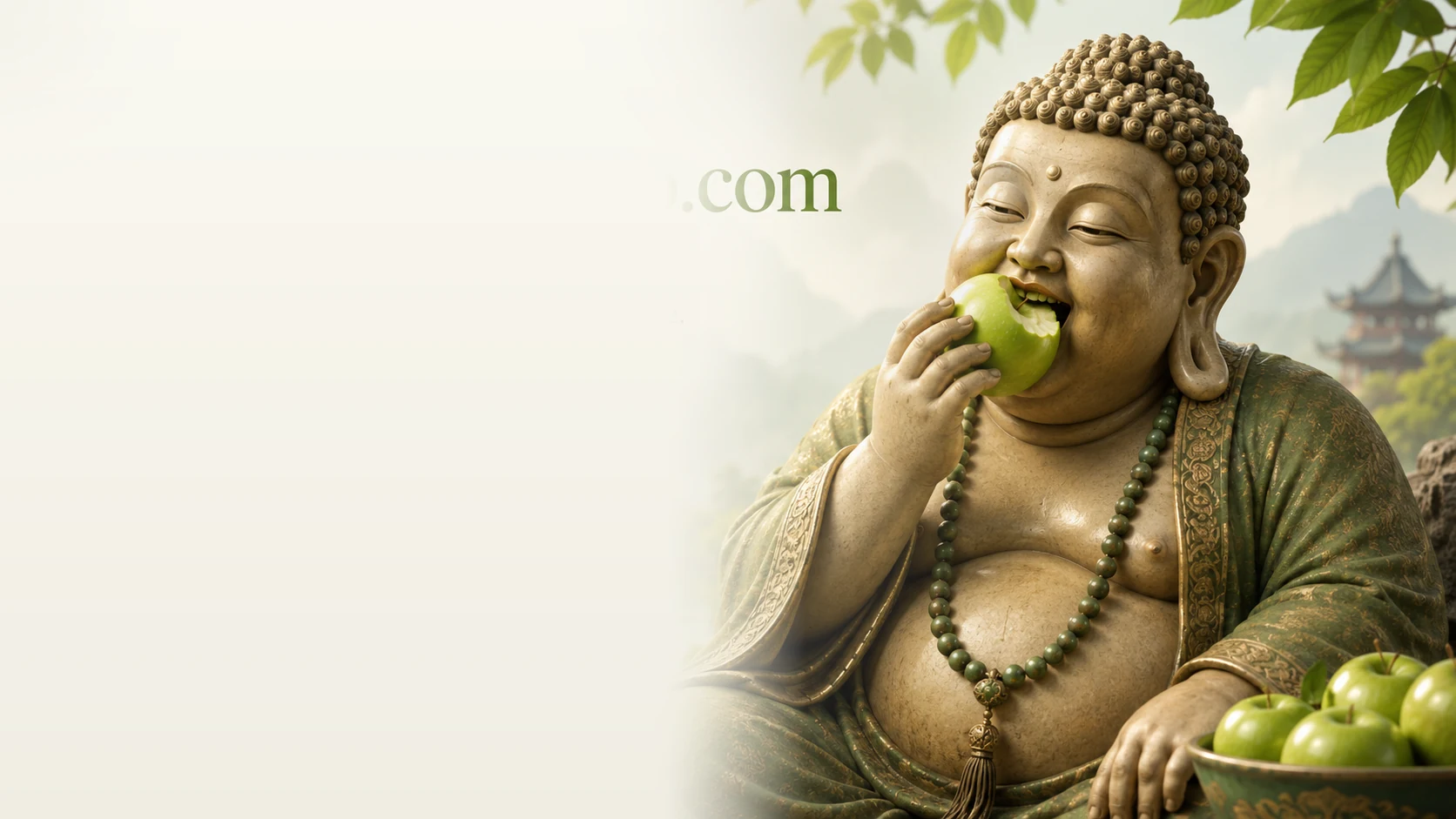 Whimsical photorealistic Buddha eating a green Granny Smith apple in a tranquil garden.